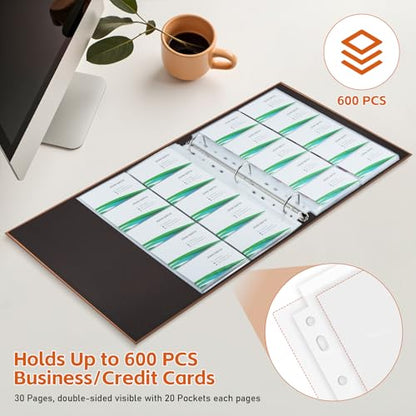 BYSTER A4 Business Card Holder Organizer, PU Leather Card Binder with 30 Pack Sleeves (600 Pockets), Card Holder Book for Credit Cards, Membership Cards, and More - Brown - color: Brown