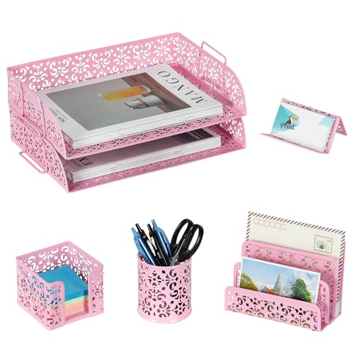 EasyPAG Desk Organizers and Accessories 5 Pieces Office Supplies Set - 2 Tier Paper Tray, Pencil Organizer for Desk, Mail Sorter Countertop, Business Card Holder and Sticky Note Holder, Pink - color: Pink