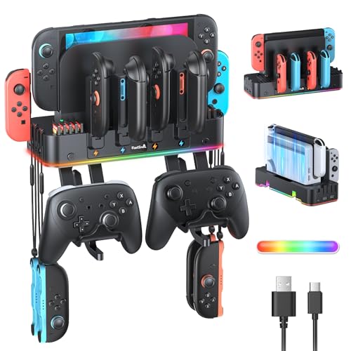 FASTSNAIL RGB Switch 2 (2025) Wall Mount Kit Charger for Switch 2/1/OLED | Switch2 Controller Organizer Accessories with 15 Light Modes, 2 USB Ports, 10 Card Slots, NS2 Store Stand Behind TV - color: Black with Charger, size: For Nintendo Switch 2/1
