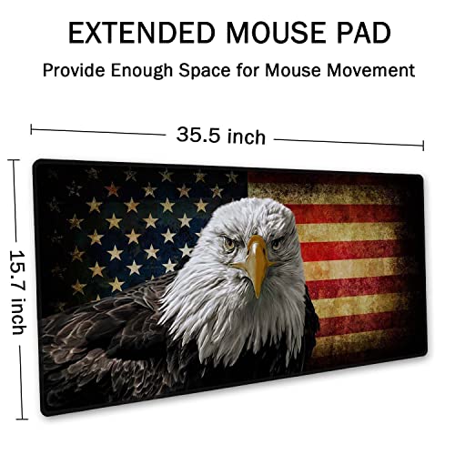 SSOIU Extended Gaming Mouse Pad - Non-Slip Water-Resistant Rubber Base Computer Keyboard Mouse Mat, 35.5x15.7-inch XX-Large Desk Mat, Ideal Partner for Work & Game, American Bald Eagle on Grunge Flag - color: American Bald Eagle