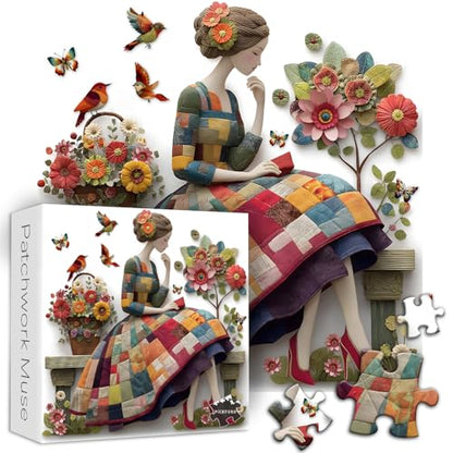 Floral Muse Jigsaw Puzzle 1000 Pieces for Adults, Patchwork Quilting Art Puzzle with Flowers Birds,Woman Flower Garden Themed, Handmade Style Sewing Puzzle Challenge - style: Patchwork Muse Puzzle