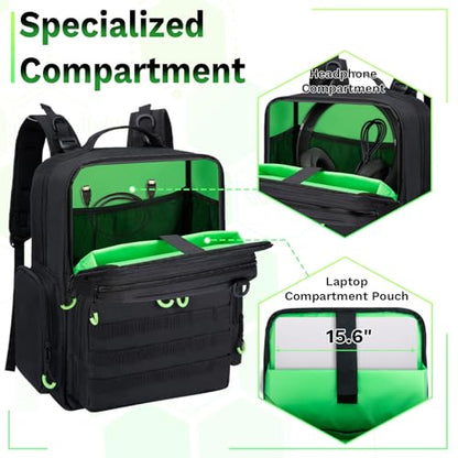 Wigojoy Travel Carrying Case Compatible with Xbox Series X/S | Multiple Pockets of Storage Space Tactical Portable Backpack, Accommodates 15.6'' Laptop and Other Xbox Accessories, Green