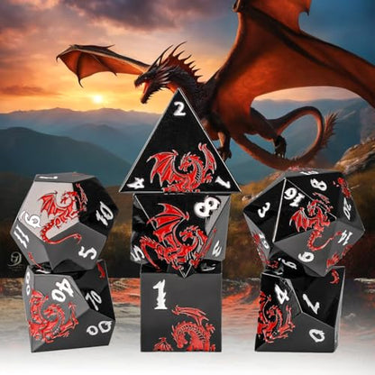 Metal Dice Set, Flat Face Black Red Dragon Pattern, 7pcs Polyhedral Metal DND Dice Set, DND Starter Set, D&D Gifts with Gift Box, Role Playing Board Games Accessories, Black - color: Black+red