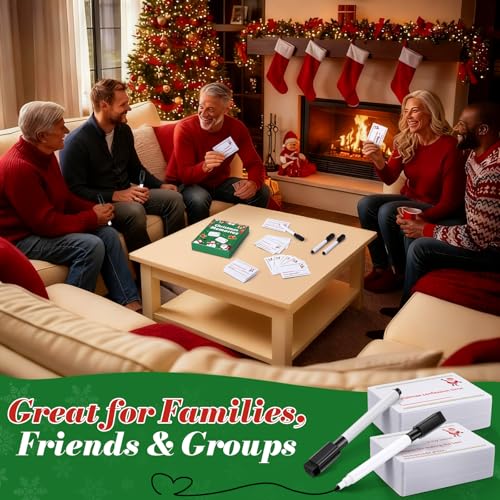 Christmas Card Game Set for Family Game Night, 120 Cards with 10 Dry Erase Markers, Fun Holiday Party Board Games for Groups of 3 or More Players, Stocking Stuffer & Secret Santa Gift
