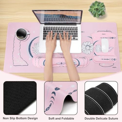 MEGREZ 4-in-1 Mouse Pad with Wrist Rest Ergonomic Memory Foam Desk Mat Set | ergonomic, anti-slip base, 4pcs set, desk pad, mouse wrist rest, keyboard rest, coaster, ideal for office & gaming - color: Cherry Blossom Pink