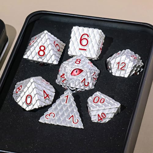 Metal Dice Set D&D,7 PCS Dragon Scale Metallic DND Dice Set,Dragon Eye Metal Dice with Gift Metal Box for Dungeons and Dragon Tabletop Game (White Dragon Scale & Red Eye) - color: White Dragon Scale & Red Eye