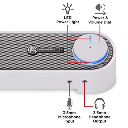 GOgroove Computer Speaker Mini Soundbar - USB Powered PC Sound Bar with Easy Setup Wired AUX, Stereo Audio, Microphone Port, Volume Control Knob, Under Monitor Design for Desktop (White) - color: White and Grey