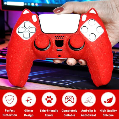 Red Cat Glitter Anti-Slip Protective Silicone Cover Skin Grips Compatible with PS5/Slim/Pro Controller,8 PCS Thumb Grips Caps and 2 Paw Grips Caps. (Cat Red) - color: Cat Red