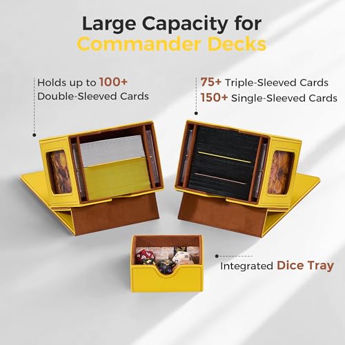MTG Commander Deck Box with Dual Display Windows and Dice Tray | Fits 100 Double-Sleeved Cards, PU Leather, 2 Magnetic Card Holders, 2 Dividers, Yellow & Brown - color: 3. Yellow & Brown