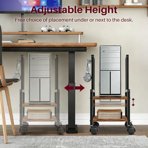 Adjustable 2-Tier PC Stand, Computer Tower Stand with 360° Locking Wheels & Hooks, CPU Cart for Floor, Carpet and Under Desk, 15.2" x 11.8" x 26", Rustic Brown - color: Rustic Brown