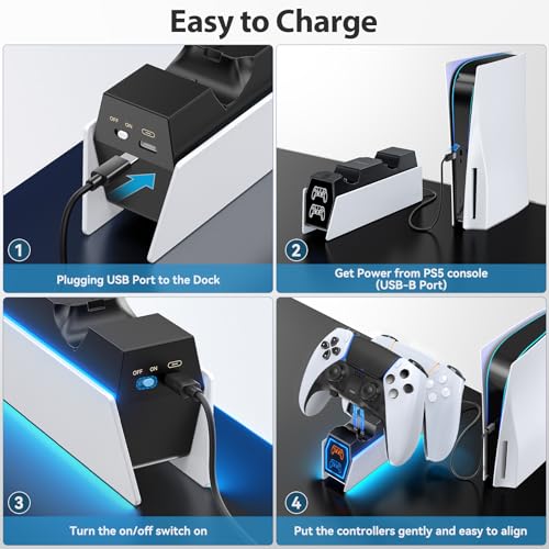 PS 5 Controller Charger Station Compatible with PlayStation 5 Edge & Dual Controller, 9 Lightings PS 5 Accessories Charging Station, PS 5 Dock Stand with LED Indicator for PlayStation Consoles - color: Black & White