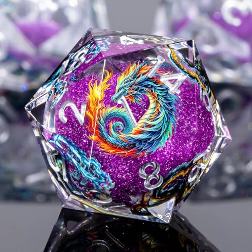 Roycevon Dragon Pattern Liquid Core DND Dice Set, 7Pcs Sharp Edge D&D Dice with Gift Box, Resin Purple Dungeons Dragons D and D Role Playing Dice D20 D12 D10 D8 D6 D4 - color: Purple
