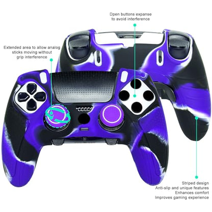 Purple Black Anti-Slip Controller Skin,Studded Edition Protective Silicone Cover Skin Grips Compatible with ps5 dualsense Edge and 6 PCS Thumb Grips Caps. - color: Purple Black