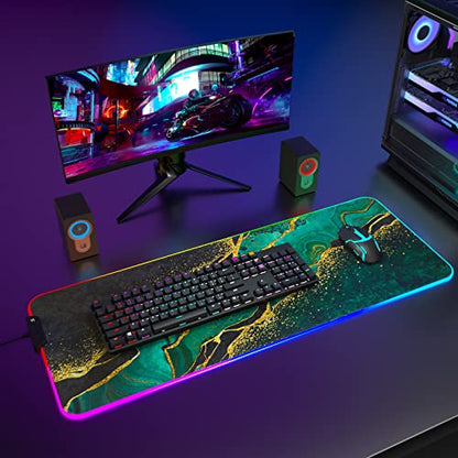 ITNRSIIET RGB Gaming Mouse Pad, Full Desk XL Extended Large Gaming Mousepad, 12 Lighting Modes, 30% Thicker, Big LED Desk Mat for Keyboard Computer Men Gamers Esport Pros, 32" x 12", Black Teal Marble - color: Luxurious Teal Marble
