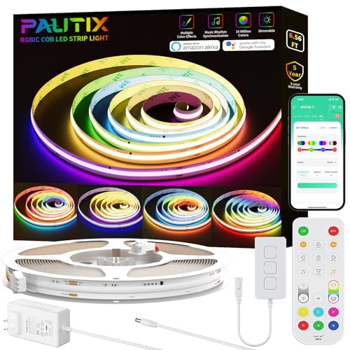 PAUTIX RGB Smart IC COB LED Strip Lights,6.56ft/2m Addressable UL-Listed 24V Chasing Color Flexible Tape Light Multicolor,Work with Alexa/Google Assistant,for Cabinet,TV,Bedroom,Party DIY Decoration - size: 6.56 ft(Support voice activation)