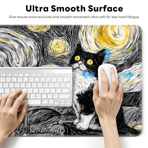 Large Gaming Mouse Pad, XL Desk Protector, Non-Slip Base | 31.5x15.7 in Extended Desk Mat with Stitched Edges for Keyboard, Work, Game, Office, Home PC and Laptop - color: Starry Kitty