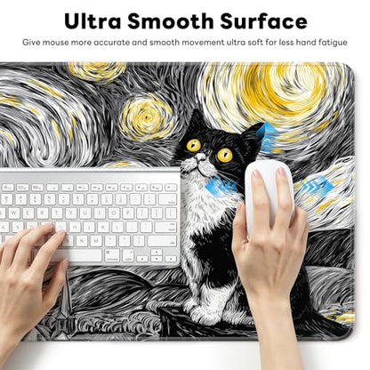 Large Gaming Mouse Pad, XL Desk Protector, Non-Slip Base | 31.5x15.7 in Extended Desk Mat with Stitched Edges for Keyboard, Work, Game, Office, Home PC and Laptop - color: Starry Kitty