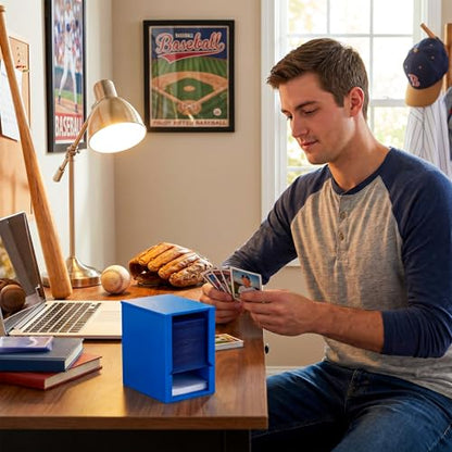 Toploader Dispenser & Penny Sleeve Holder - Dual Compartment Holds 250 Penny Sleeves & up to 50 Top Loaders, Stackable Card Storage Box with Dustproof Lid (Blue) - color: Blue