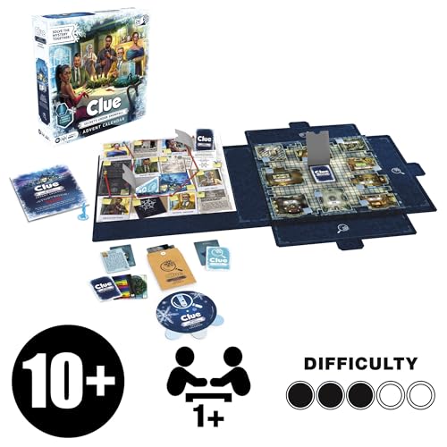 Clue Advent Calendar: Secrets Under Snowfall | 24 Days | Family Mystery Games | with 6 Winter-Themed Tokens and Surprise | Ages 10+ | 1+ Players