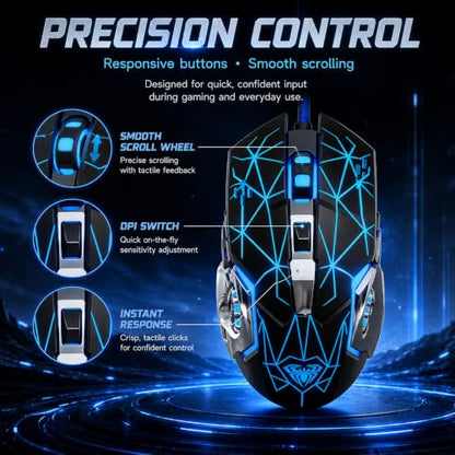 【 Starlight Effect - 59 inch Cable 】2026 Wired Gaming USB Optical Mouse - Four Level Adjustable DPI Optical Sensor - Ergonomic Design - Precise Control - Built in Scroll Wheel Function - Plug and Play - color: Black, size: Upgraded Mouse