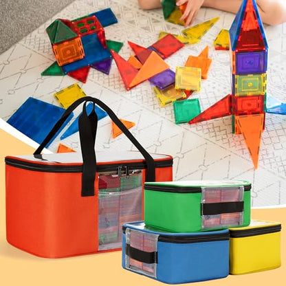 Rexmica 4 Pack Toy Storage Bag for Magnetic Building Tiles, Multifunction Toy Storage Organizer Bag, Magnetic Blocks Tiles Travel Bag Case with Visible Top for Building Blocks, Board Game