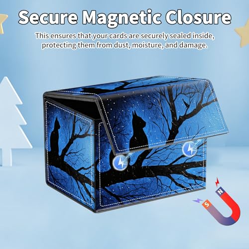 for MTG Commander Deck Box,Card Deck Box for Trading Yugioh MTG,Fits 100 Double Sleeved Cards,PU Leather Strong Magnet Case for Magic Commander TCG CCG,Black Cat Blue - color: Black Cat Blue
