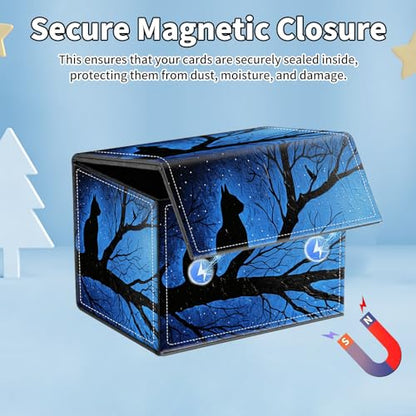 for MTG Commander Deck Box,Card Deck Box for Trading Yugioh MTG,Fits 100 Double Sleeved Cards,PU Leather Strong Magnet Case for Magic Commander TCG CCG,Black Cat Blue - color: Black Cat Blue