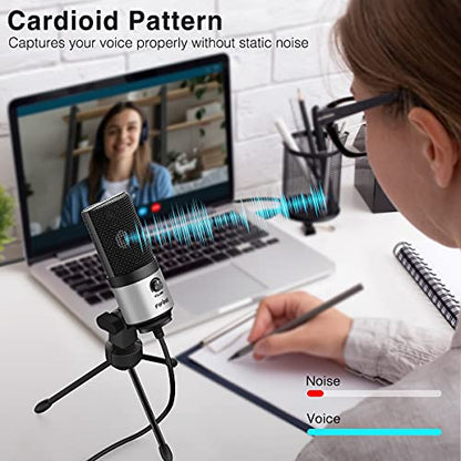 FIFINE K669 Silver USB Microphone for Zoom Video Meeting Online Class | Metal Condenser Mic, Gain Knob Control, USB Plug and Play, Work with Desktop/PC - color: Silver