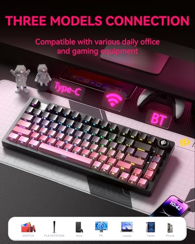 LEOBOG x Aula HI75C Pro Mechanical Gaming Aluminum Wireless Keyboard | Tri-Modes Bluetooth/USB-C/Wireless,Hot Swappable Pre-lubed Reaper Switches, Programmable RGB Backlit 81 PBT Keycaps - color: Black Pink