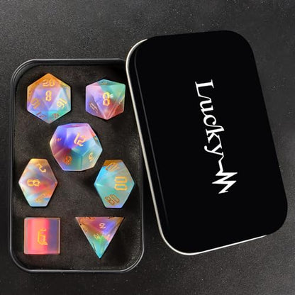 LUCKY-M Prism Glass Rainbow DND Dice Set, Dungeons and Dragons Unique Dice Set RPG Transparent Dice D&D Sets, D20 D12 D10 D00 D8 D6 D4 Cool D and D Dice - color: 5.frosted Rainbow Gold Number