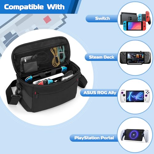 LUXJA Carrying Case Compatible with Nintendo Switch & Steam Deck, Black | Multiple Pockets Shoulder Bag for PlayStation Portal, ROG ally, Console Dock, Joy-Cons, Game Cards and More Accessories