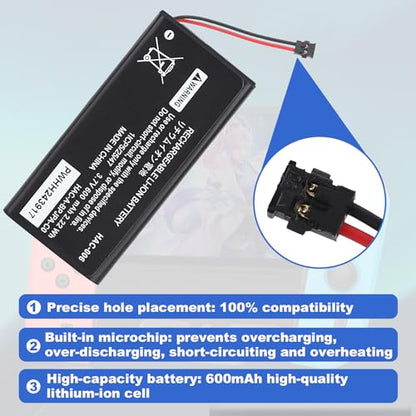 2pack HAC-006 Battery for Switch Joycon Controller Replacement for Nintendo | Compatible with Nintendo Switch Left & Right Joy Con Controller Battery Pack Lithium Ion 3.7V 600mAh Joy-Con HAC-015 HAC-016
