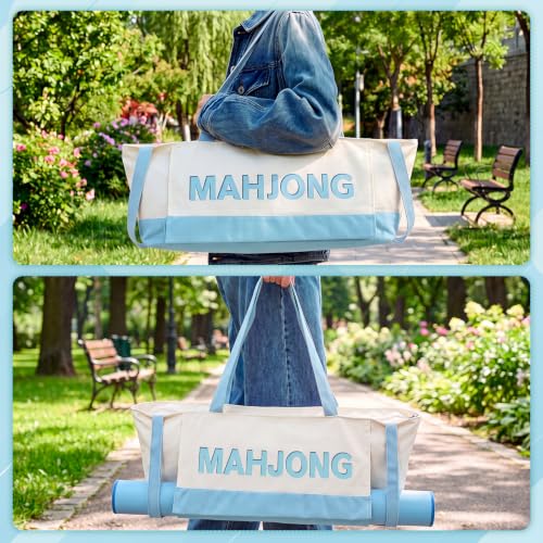 Abbylike 28x9 Inches Mahjong Bag for Rolled Mat Tiles Racks Pushers Accessories Empty Mahjong Tote Bag with Zipper Closure Outer Pockets Lining Large Capacity(Light Blue,Canvas) - color: Light Blue