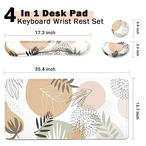 4-in-1 Large Mouse Pad, Keyboard Wrist Rest Pad & Wrist Support Mousepad Set, Extended Desk Pad Waterproof Desk Mat for Home Office Study Game - Leave - color: Leave