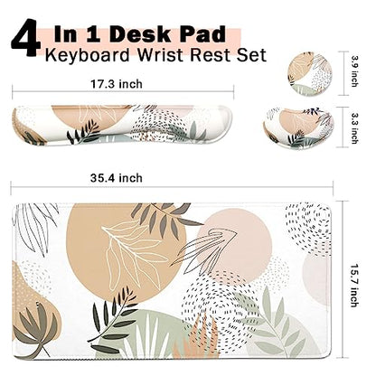 4-in-1 Large Mouse Pad, Keyboard Wrist Rest Pad & Wrist Support Mousepad Set, Extended Desk Pad Waterproof Desk Mat for Home Office Study Game - Leave - color: Leave