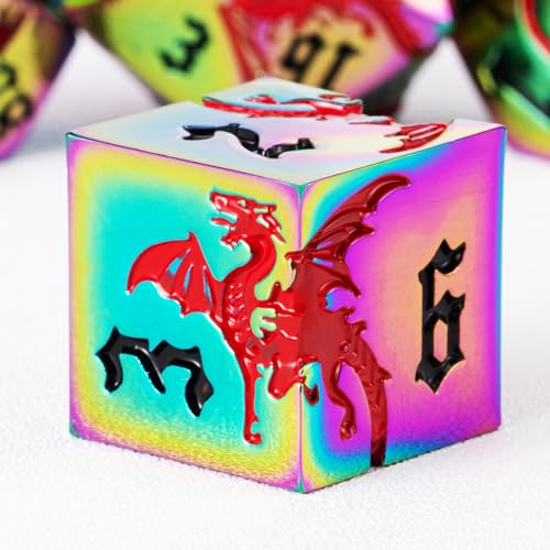 DND Metal Dragon Dice Set with Dragon, Metallic Polyhedral Dice Set for Dungeons and Dragons RPG TTRPG D&D Die with Gift Case (Dragon-Rainbow Red Dragon) - color: Rainbow Red Dragon