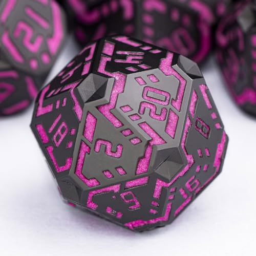 Metal DND Sci-fi Dice Set 7PCS Luminous Pink Stripe Polyhedral Dice for Dungeons Dragons RPG Role Playing Game, Glitter D and D Dice with Gift Box D6 D8 D10 D12 D20 - color: Nightlight - Pink