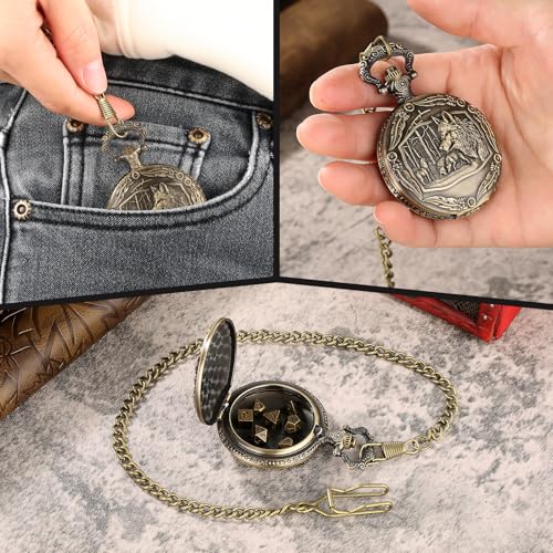 Mini DND Dice Set with Steampunk Wolf Pocket Watch Shell Case, 7pcs Polyhedral Metal D&D Dice, DND Gifts with Gift Box, Role Playing Board Games Accessories - color: Bronze