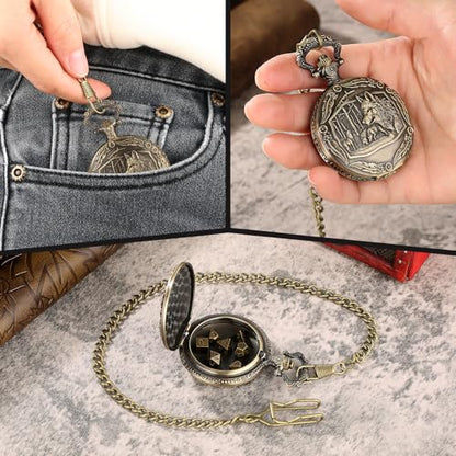 Mini DND Dice Set with Steampunk Wolf Pocket Watch Shell Case, 7pcs Polyhedral Metal D&D Dice, DND Gifts with Gift Box, Role Playing Board Games Accessories - color: Bronze