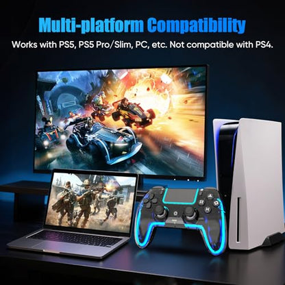 BETMI Wireless Controller for PS5, Pro/Slim/MAC/Steam Deck/PC, Hall Effect Joystick, Dual Vibration/Macro/Turbo, 3.5mm Jack, 6-Axis, Mute Key, LED Gamepad with Speaker (4 Lighting Effects, 9 Light Colors) - color: Transparent Black