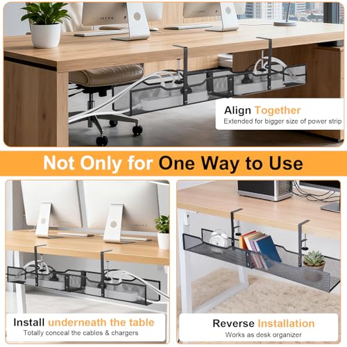 No Drill Under Desk Cable Management Tray, Extended-Length Metal Mesh Wire Organizer with Heavy Duty Clamp Mount for Home Office Standing Desk - Damage Free Cord Organization Solution