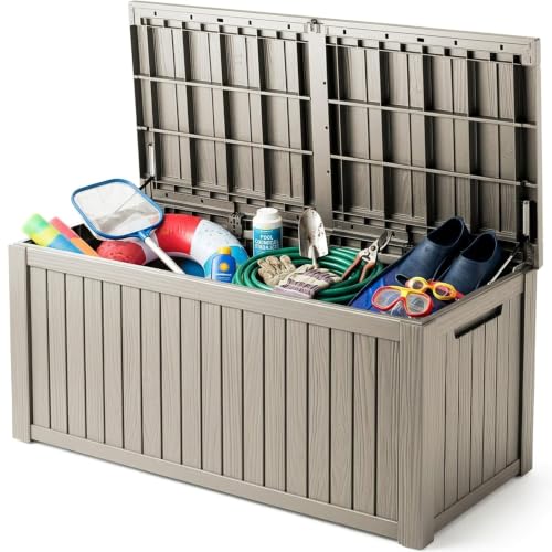 200 Gallon Deck Boxes Outdoor Waterproof, Outdoor Storage Box with Lockable Lid & UV-Resistant for Patio Furniture, Outdoor Cushions, Garden Tools and Pool Supplies, Light Brown - color: Light Brown, size: 200 GAL