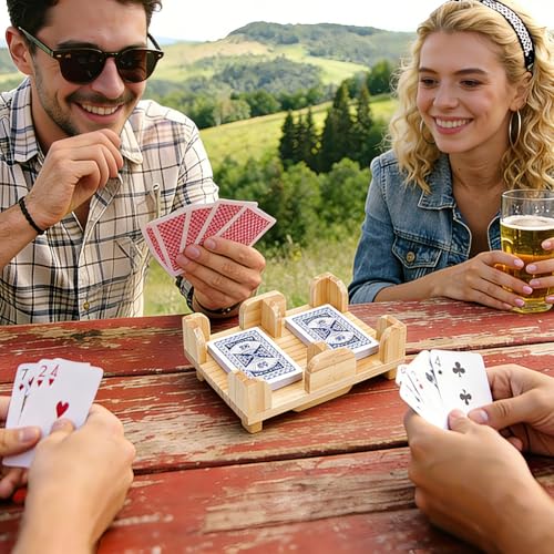 NBEADS 1 Pcs Wood Playing Card Holder 360° Rotating, Burlywood Rotatable Poker Card Tray Organizer for Adult Canasta Bridge Rummy Party, 6.97x4.92x2.30 Inch