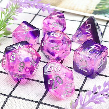 Haxtec DND Dice Set, 7 Pcs Purple Resin Polyhedral Dice for Table Games | Iridescent RPG Dice with Velvet Bag, D and D Dice, Rounded Edge, Compatible with Dungeons and Dragons, TTRPG Gifts - color: Purple