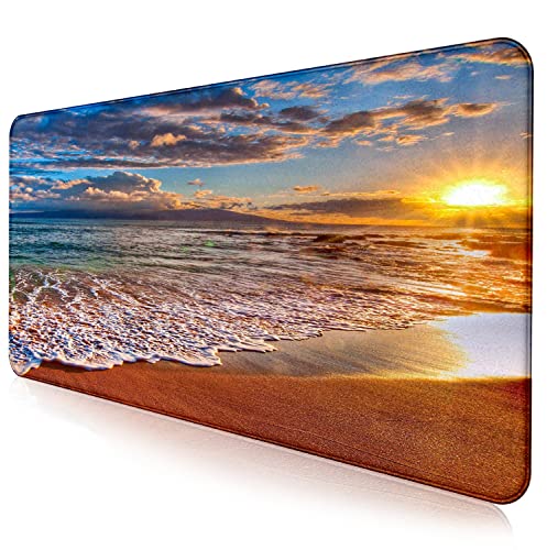 Sunset Beach Large Gaming Mouse Mat with Stitching Edges, Office Desk Mat | Large Extended Mouse Pad; Full Desk Coverage; Waterproof Coating; Stable Anti-Slide Base For Gaming, Office, Study Daily Use - color: Beach at Sunset