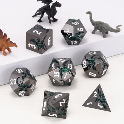 Sharp Edge Metallic DND Dragon Dice Set,Metal Polyhedral Dice with Dragon for Dungeons and Dragons RPG TTRPG D&D 7-Die Set with Gift Case - color: Dragon-black Nickel Sparkle Deep Green