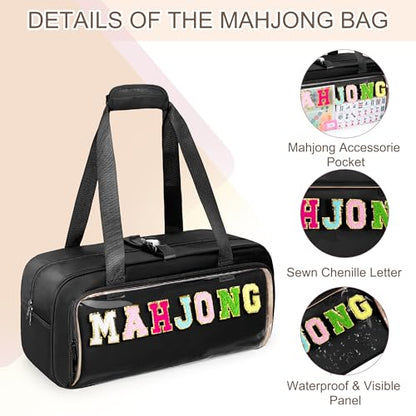 Yarwo 3 PCS Mahjong Bag Empty, Clear American Mahjong Tiles & Rack Bags Set | Zippered Game Storage with Mahjong Mat Strap and Sewn Chenille Letter for Mahjong Tiles, Racks & Pushers, Case Only, Black - color: Black