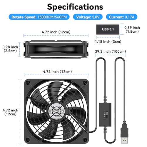 ELUTENG 120mm USB PC Fan 5V with 3 Speed Contorl, Portable USB Computer Fan | High Airflow Electronic Cooling Fan with USB Feamle to USBC Female Adapter for Laptop/TV Box/AV Cabinet/PS5/Router - size: 120mm USB Speed Fan with Adapter