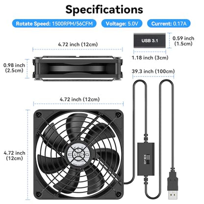 ELUTENG 120mm USB PC Fan 5V with 3 Speed Contorl, Portable USB Computer Fan | High Airflow Electronic Cooling Fan with USB Feamle to USBC Female Adapter for Laptop/TV Box/AV Cabinet/PS5/Router - size: 120mm USB Speed Fan with Adapter