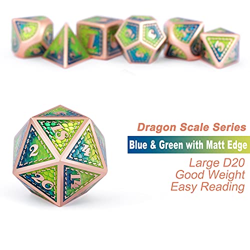 Metal DND Dice Set with Gift Metal Case DNDND 7 PCS Metallic Dungeons and Dragons Die for DND Game (Blue & Green with Matt Copper Edge) - color: Blue & Green With Matt Edge